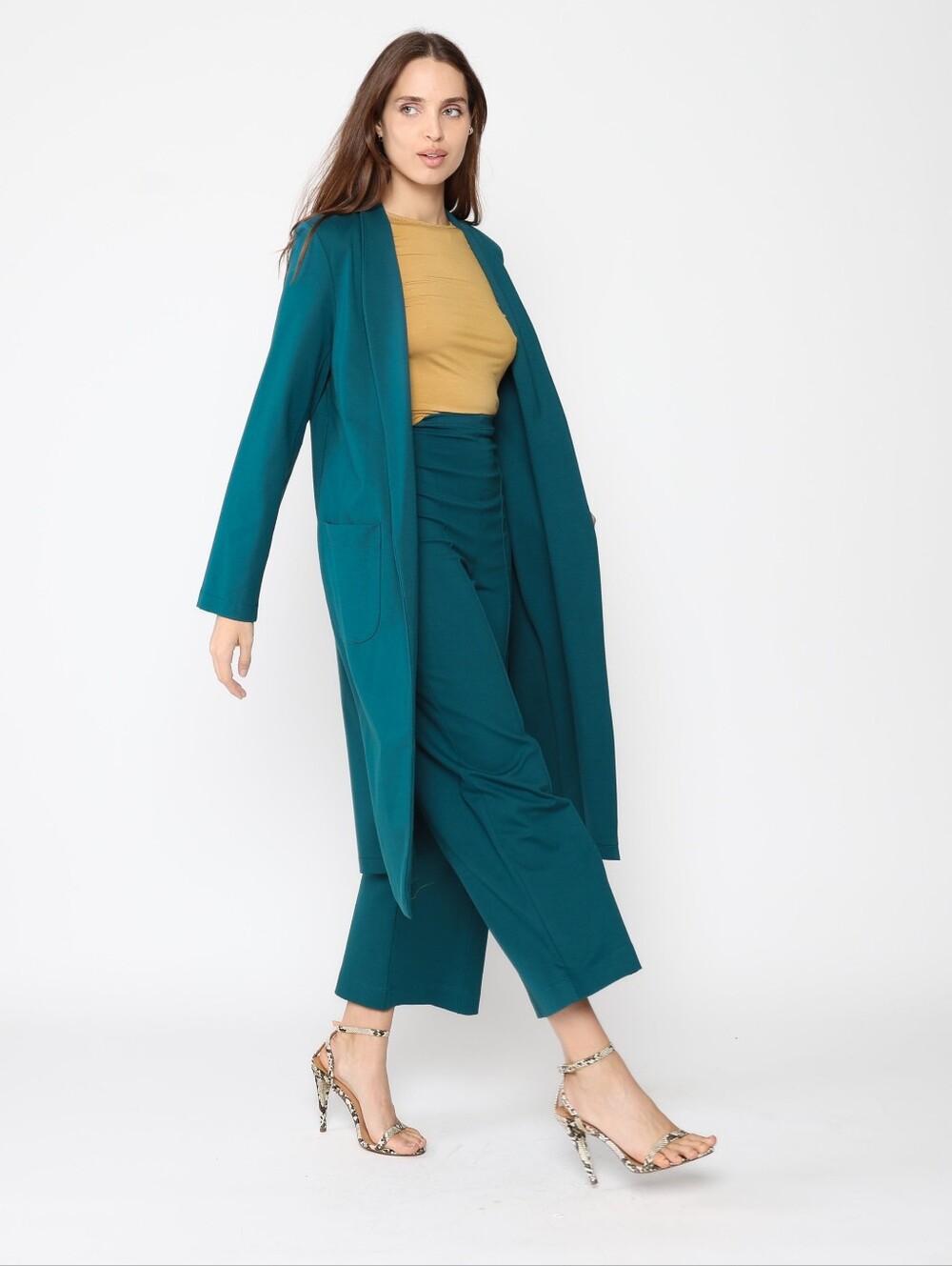 3 PIECE SET Ripley Rader Teal Cropped Pant, Smoking Jacket Turtleneck Size 1 XS